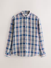 Blue 100% Linen Check Long Sleeve Shirt - Image 7 of 9