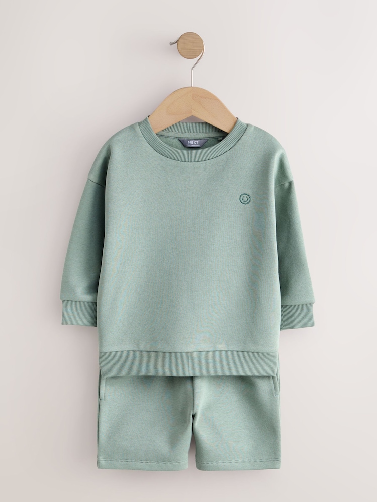 Sage Green Single Plain Crew Neck Sweatshirt and Shorts Set (3mths-7yrs) - Image 1 of 5