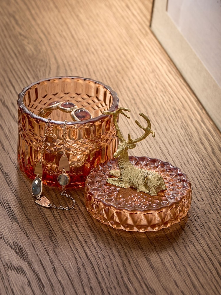 Orange Ribbed Glass Gold Stag Trinket Pot - Image 2 of 5