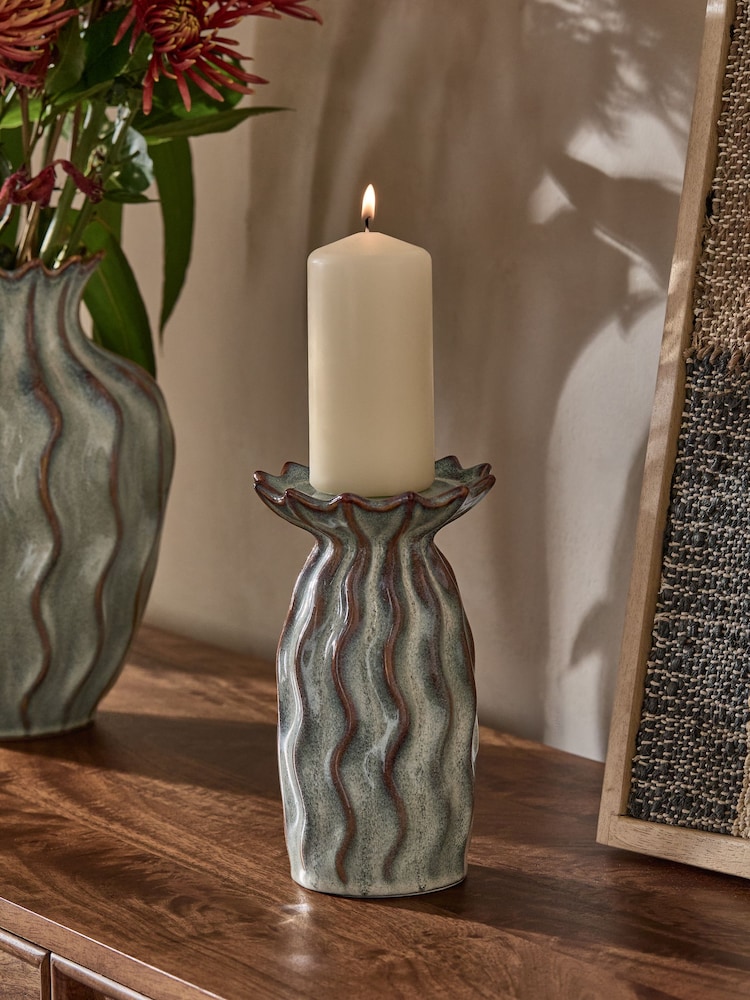 Green Reactive Glaze Candle Holder Ceramic Pillar - Image 1 of 4