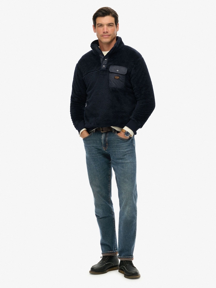 Superdry Blue High Pile Fleece Henley Jumper - Image 2 of 6 Superdry Blue High Pile Fleece Henley Jumper - Image 2 of 6