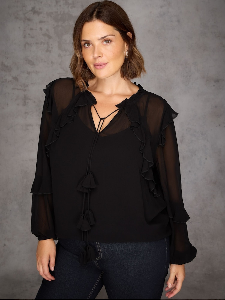 Live Unlimited Black Ruffle Tie Neck Blouse - Image 1 of 1 Live Unlimited Black Ruffle Tie Neck Blouse - Image 1 of 1