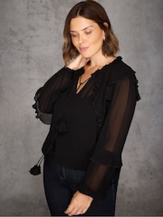 Live Unlimited Black Ruffle Tie Neck Blouse - Image 3 of 5