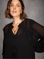 Live Unlimited Black Ruffle Tie Neck Blouse - Image 4 of 5