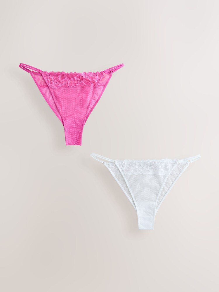 Pink/White Lace Trim Tanga Knickers 2 Pack - Image 1 of 9