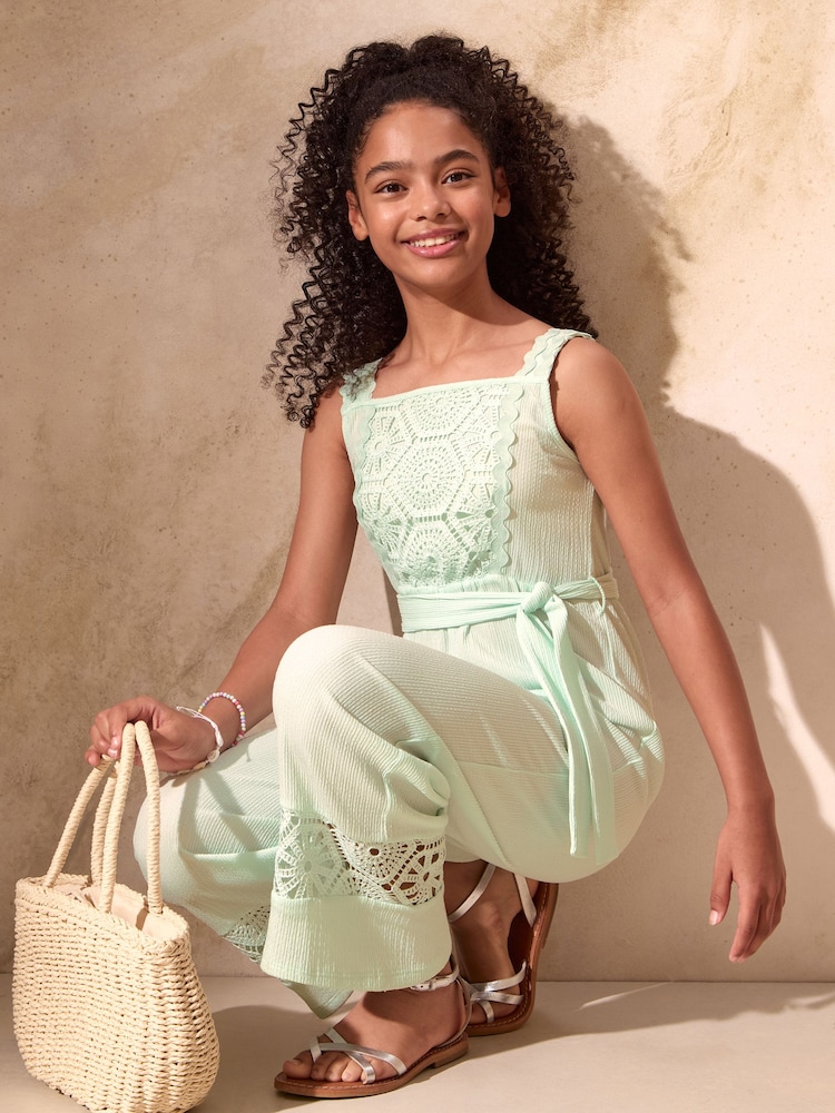 Lipsy Mint Green Crochet Jersey Holiday Jumpsuit (7-16yrs) - Image 8 of 8