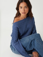 Threadbare Blue Cable Knit Slash Neck Jumper - Image 1 of 4