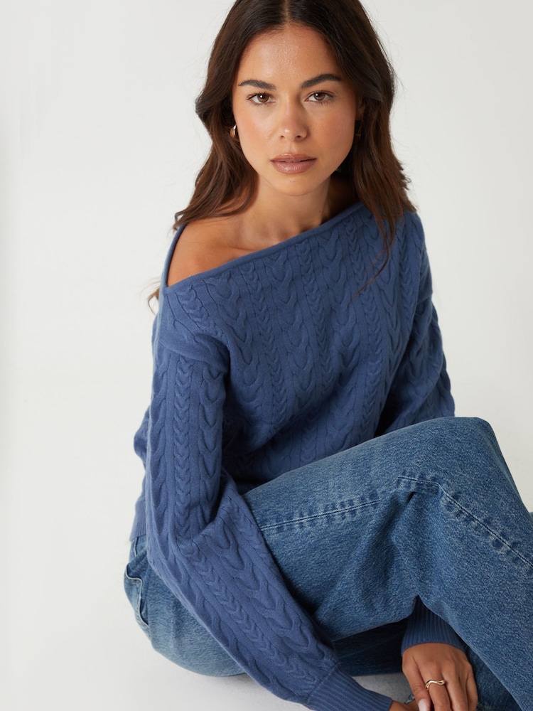 Threadbare Blue Cable Knit Slash Neck Jumper - Image 1 of 4 Threadbare Blue Cable Knit Slash Neck Jumper - Image 1 of 4