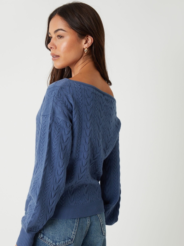 Threadbare Blue Cable Knit Slash Neck Jumper - Image 2 of 4 Threadbare Blue Cable Knit Slash Neck Jumper - Image 2 of 4