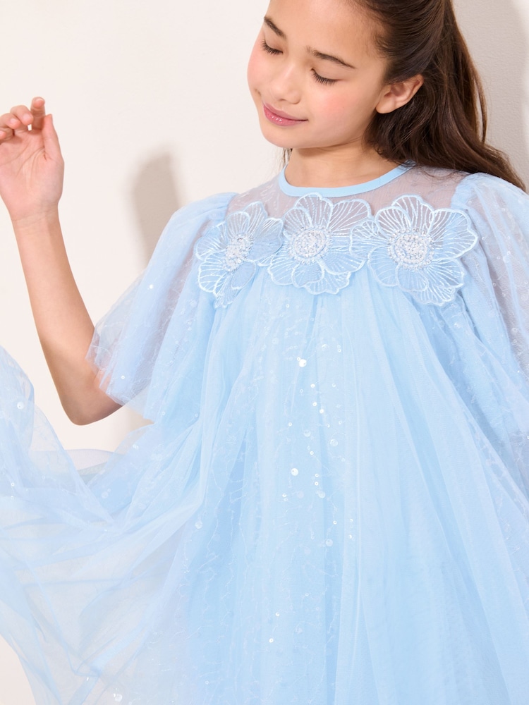 blue rhinestone dress Elegant Light Blue Side Slit Tulle Long Prom Dress – FancyVestido main image 1