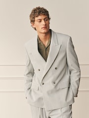Ecru Archive Double Breasted Wool Rich Seersucker Texture Stripe Suit Jacket - Image 1 of 12