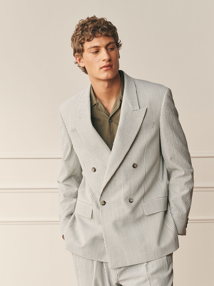 Ecru Archive Double Breasted Wool Rich Seersucker Texture Stripe Suit Jacket - Image 1 of 12 Ecru Archive Double Breasted Wool Rich Seersucker Texture Stripe Suit Jacket - Image 1 of 12