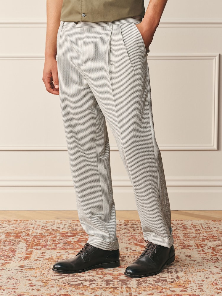 Ecru Archive Wool Rich Pleated Seersucker Texture Stripe Suit Trousers - Image 1 of 11