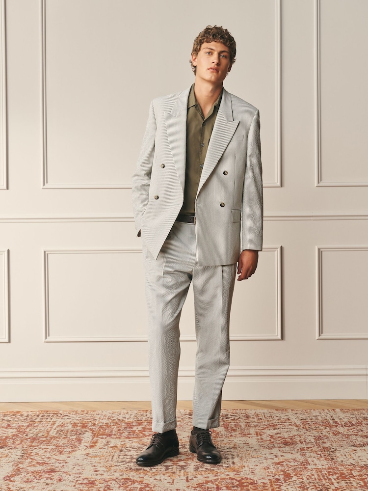 Ecru Archive Wool Rich Pleated Seersucker Texture Stripe Suit Trousers - Image 2 of 11