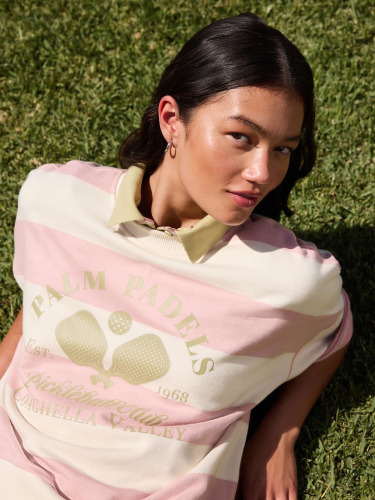 Pink/Ecru Striped Padel Graphic Short Sleeve Sweatshirt - Image 1 of 9