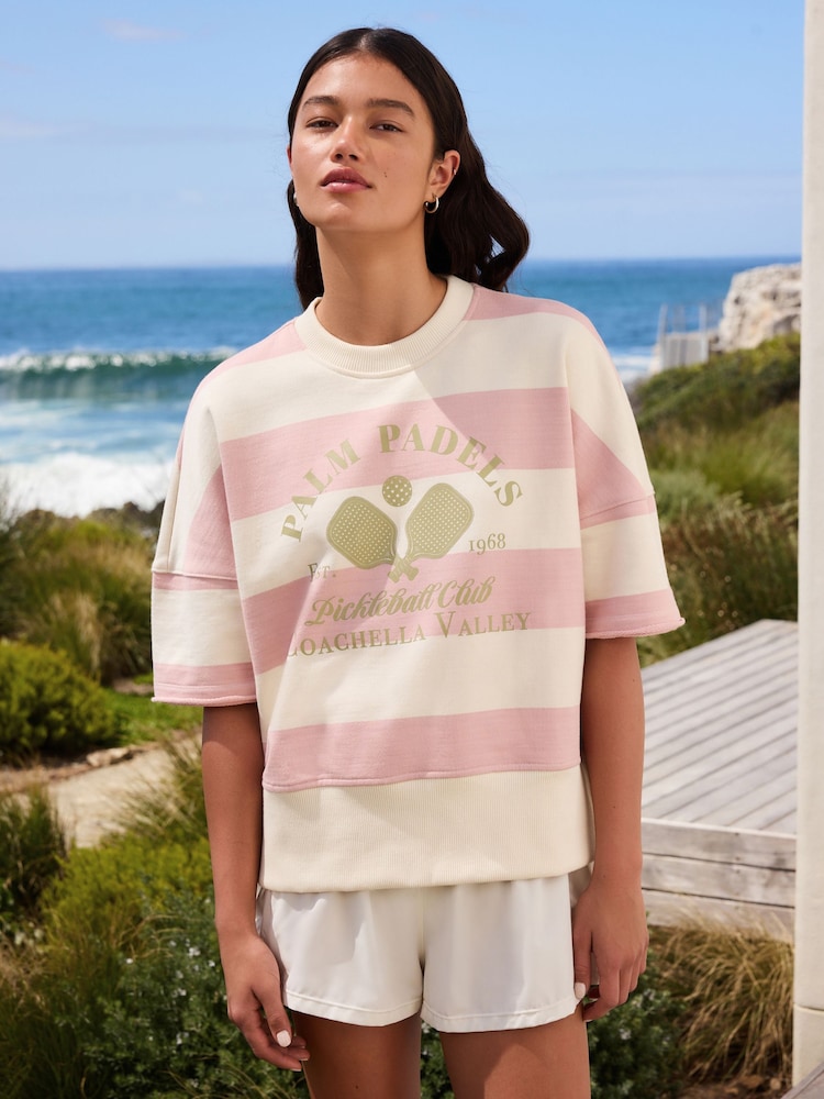 Pink/Ecru Striped Padel Graphic Short Sleeve Sweatshirt - Image 2 of 9