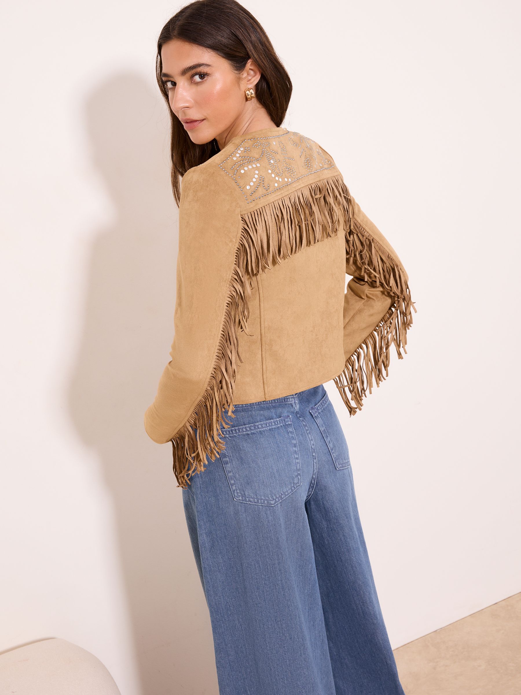 Buy Lipsy Tan Brown Studded Fringe Faux Suede Festival Jacket from