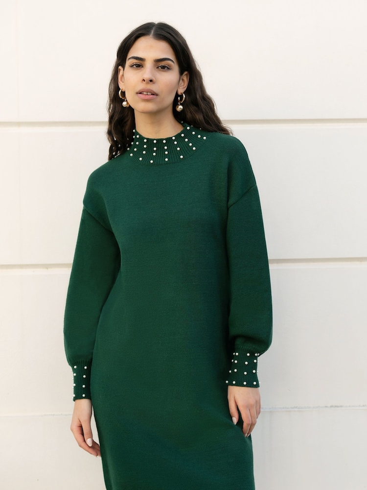 Yumi Green Pearl Detail Knitted Relaxed Jumper Dress - Image 1 of 4