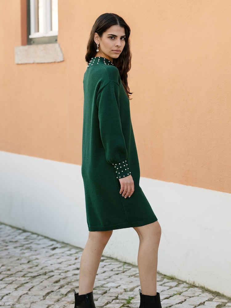 Yumi Green Pearl Detail Knitted Relaxed Jumper Dress - Image 2 of 4 Yumi Green Pearl Detail Knitted Relaxed Jumper Dress - Image 2 of 4