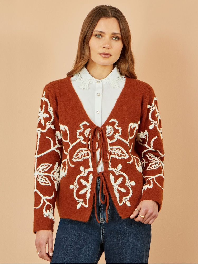 Yumi Brown Folk Embroidered Tie Front Cardigan - Image 1 of 5