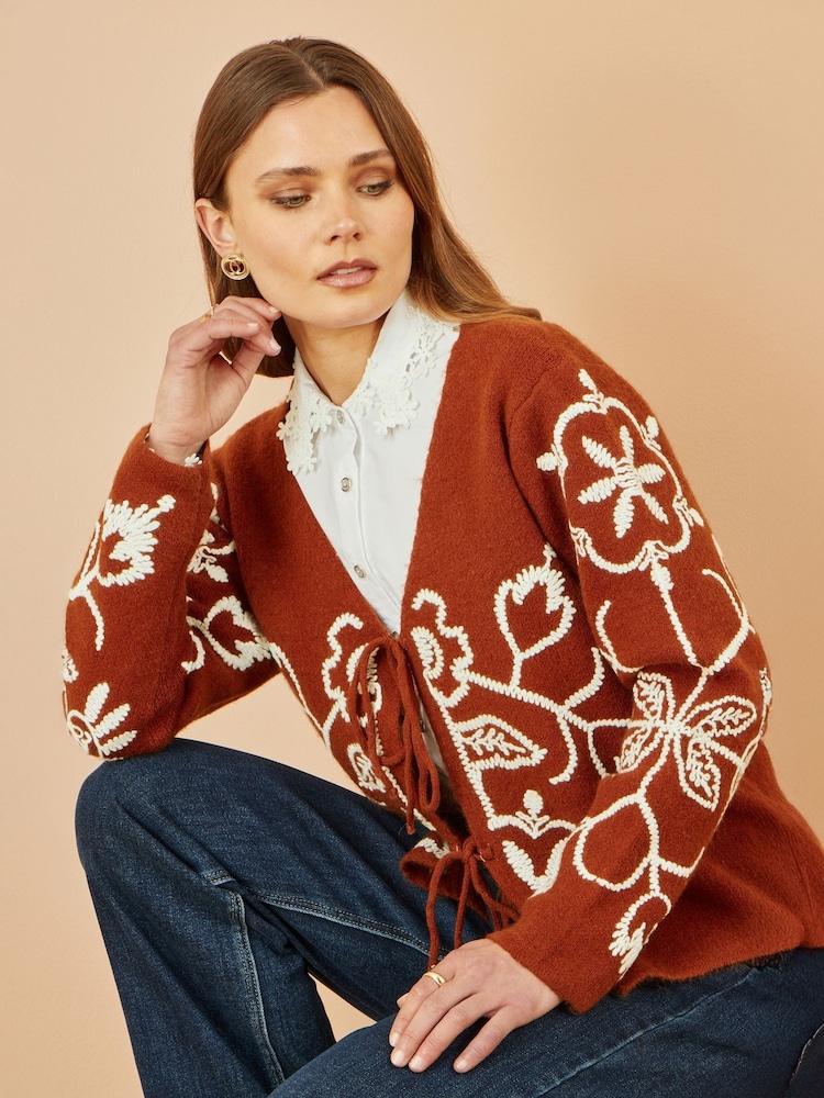 Yumi Brown Folk Embroidered Tie Front Cardigan - Image 2 of 5