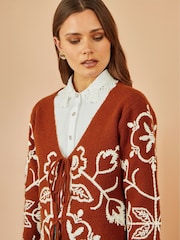 Yumi Brown Folk Embroidered Tie Front Cardigan - Image 5 of 5