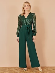 Yumi Green Sequin Wrap Over Jumpsuit - Image 1 of 5