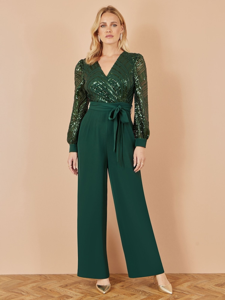 Yumi Green Sequin Wrap Over Jumpsuit - Image 1 of 5