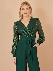Yumi Green Sequin Wrap Over Jumpsuit - Image 4 of 5
