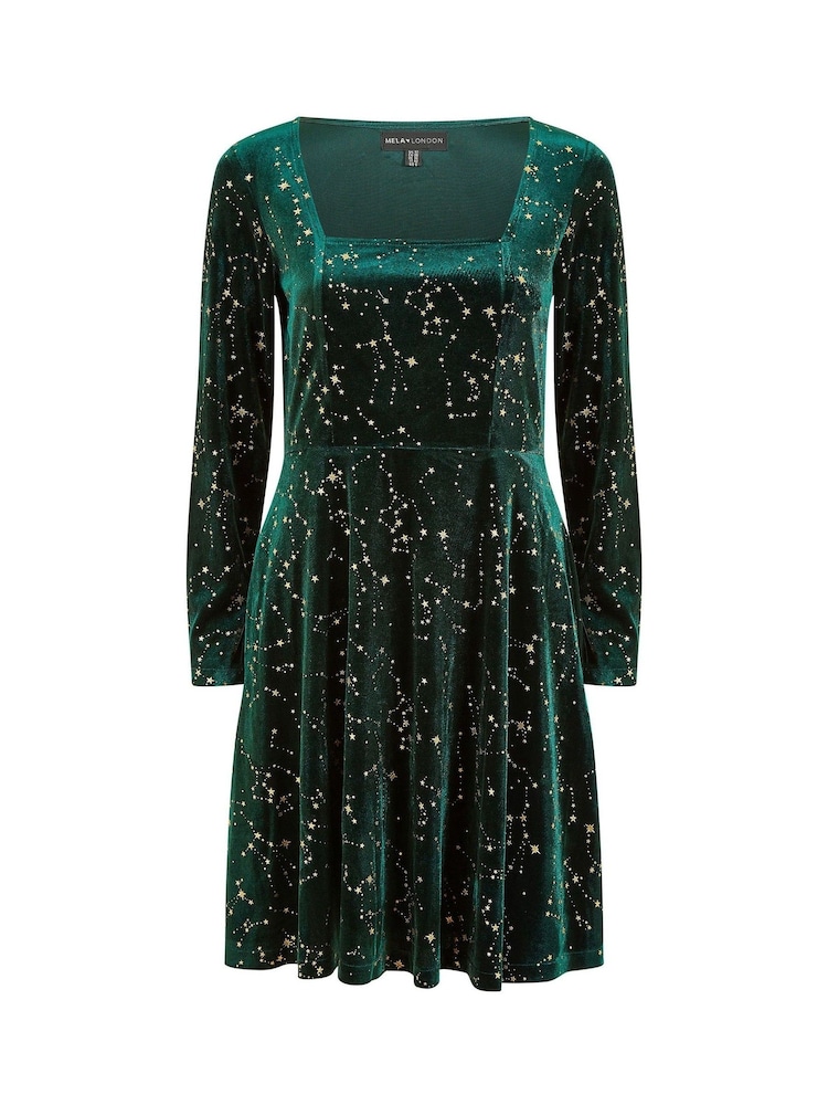 Yumi Green Star Foil Print Long Sleeve Skater Dress - Image 5 of 5 Yumi Green Star Foil Print Long Sleeve Skater Dress - Image 5 of 5