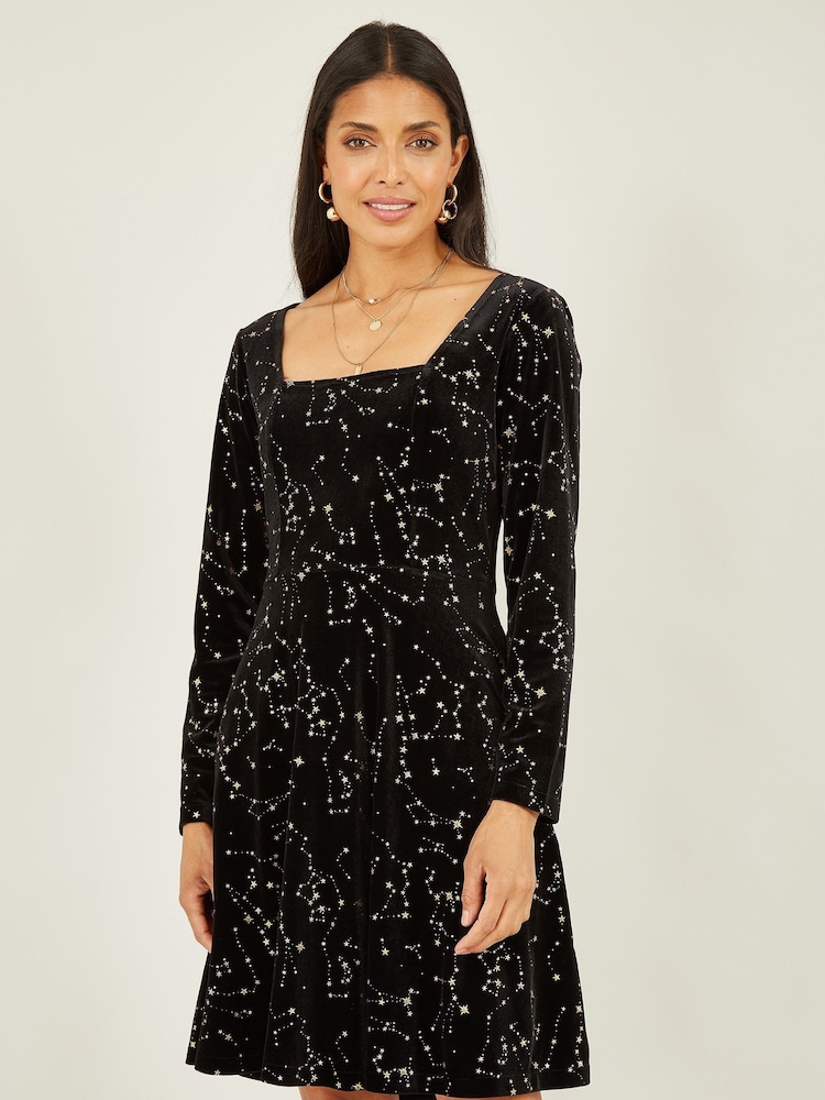 Yumi Black Star Foil Print Long Sleeve Skater Dress - Image 1 of 5 Yumi Black Star Foil Print Long Sleeve Skater Dress - Image 1 of 5