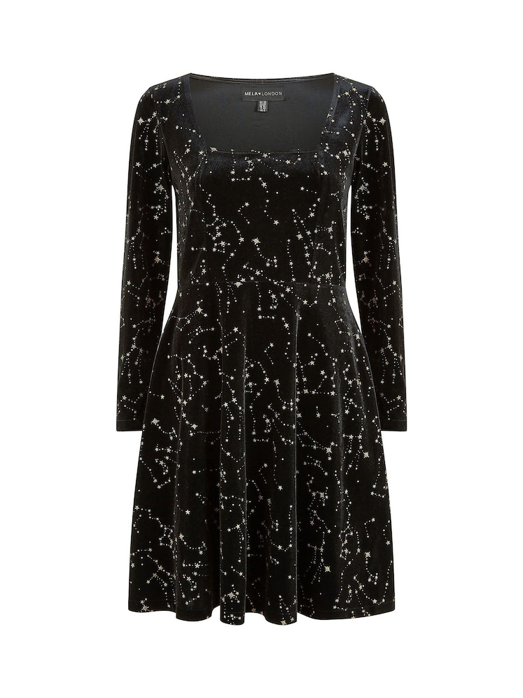 Yumi Black Star Foil Print Long Sleeve Skater Dress - Image 5 of 5 Yumi Black Star Foil Print Long Sleeve Skater Dress - Image 5 of 5