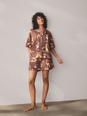 Mocha Brown Dogs Jersey Button Through Short Set Pyjamas - Image 1 of 6