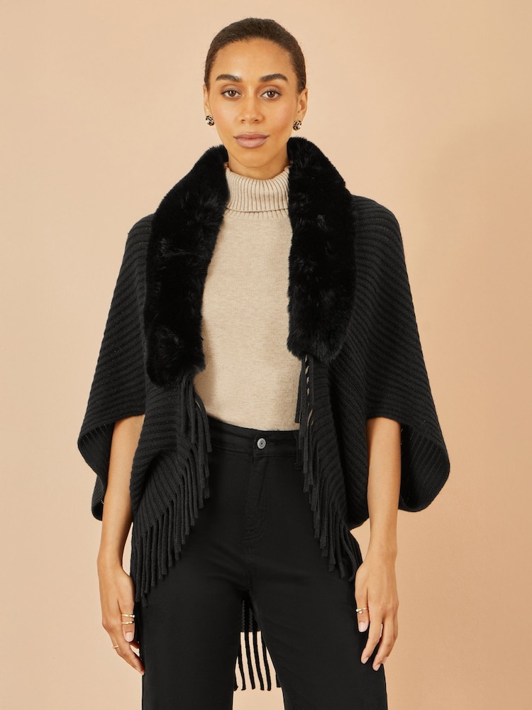 Yumi Black Fur Collar Shrug With Tassel Hem - Image 1 of 5 Yumi Black Fur Collar Shrug With Tassel Hem - Image 1 of 5