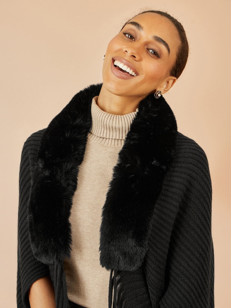 Yumi Black Fur Collar Shrug With Tassel Hem - Image 5 of 5 Yumi Black Fur Collar Shrug With Tassel Hem - Image 5 of 5