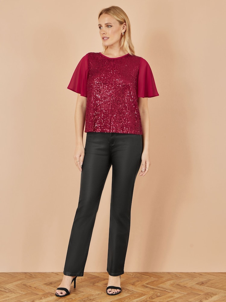 Yumi Red Sequin Top With Sheer Sleeves And Cut Out Back - Image 2 of 5