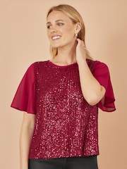 Yumi Red Sequin Top With Sheer Sleeves And Cut Out Back - Image 4 of 5