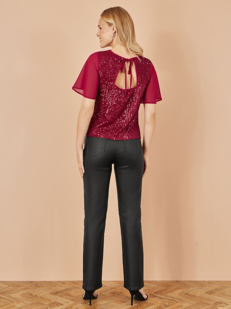 Yumi Red Sequin Top With Sheer Sleeves And Cut Out Back - Image 5 of 5