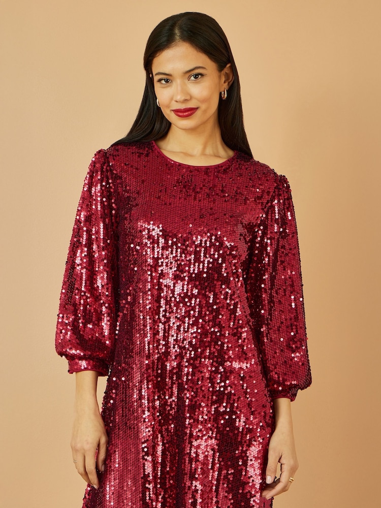 Yumi Red Sequin Tunic Dress With Balloon Sleeves - Image 2 of 5 Yumi Red Sequin Tunic Dress With Balloon Sleeves - Image 2 of 5