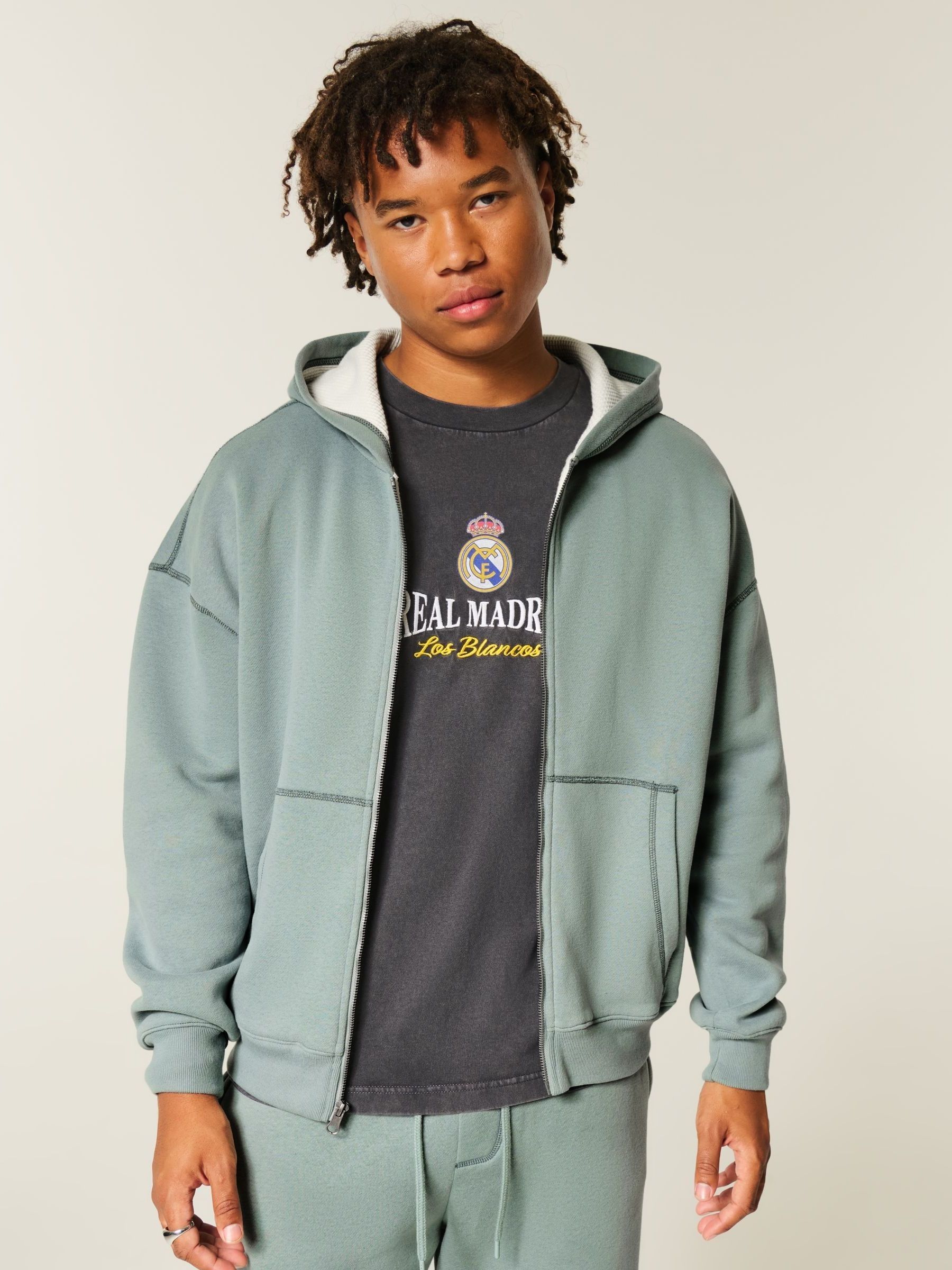 Buy Hollister Green Boxy Waffle Lined Zip Through Hoodie from the