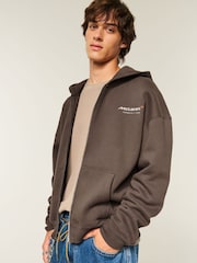 Hollister McLaren Back Print Graphic Zip Through Brown Hoodie - Image 1 of 5