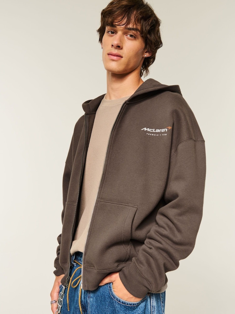 Hollister McLaren Back Print Graphic Zip Through Brown Hoodie - Image 1 of 5