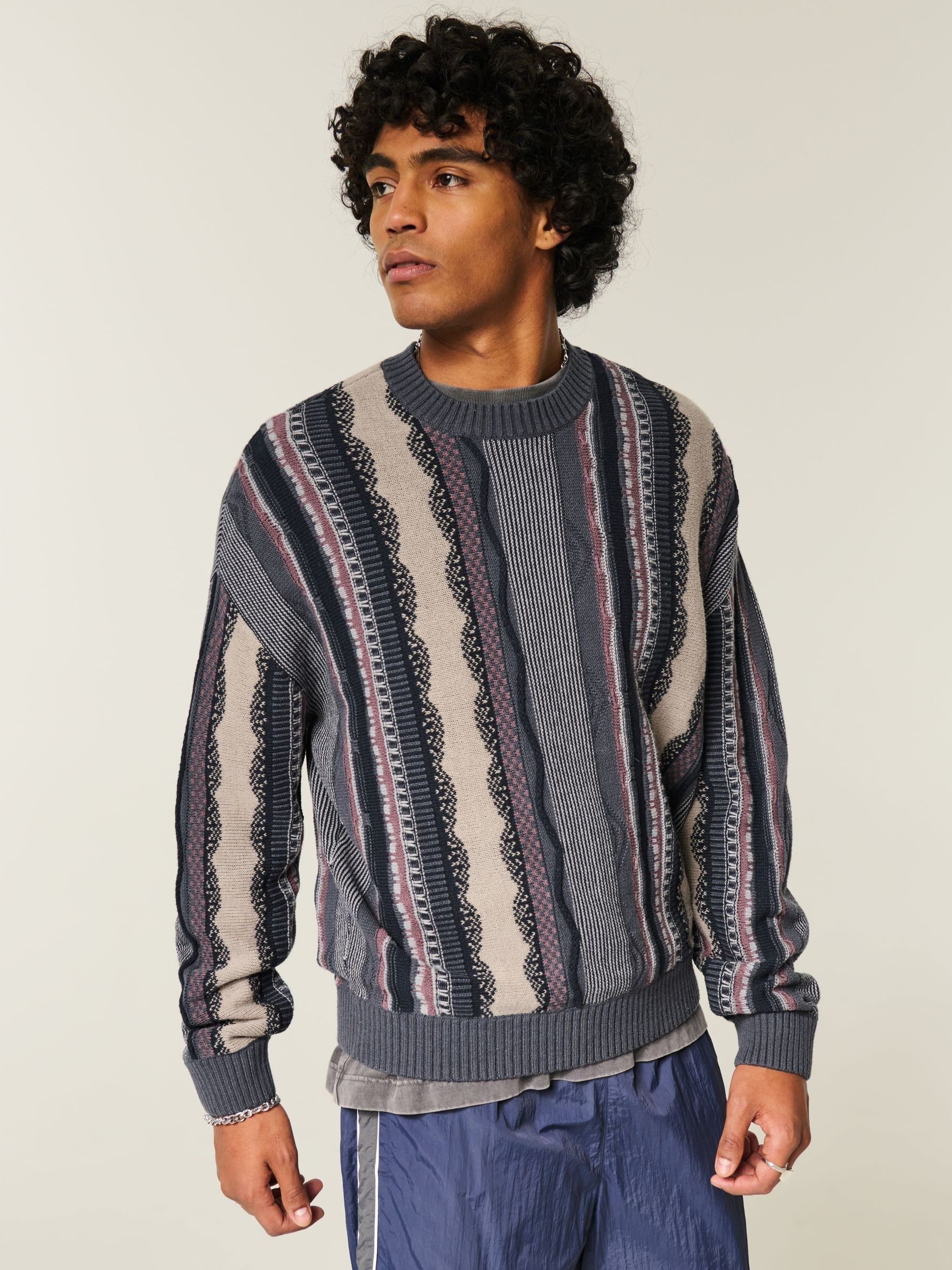Buy Hollister Blue Crew Neck Intarsia Vertical Stitch Knitted