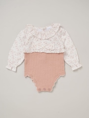 Rock-A-Bye Baby Boutique Pink True Knit Woven Romper and Bonnet Outfit Set - Image 4 of 6