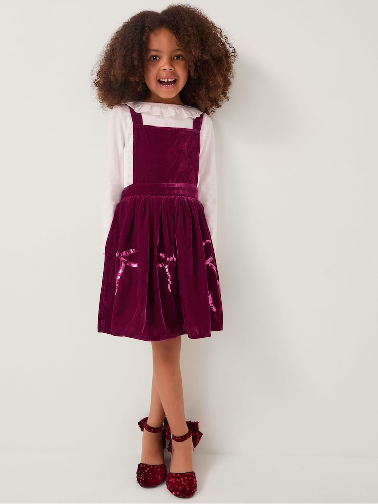 Monsoon Red Broderie Top & Bow Velvet Pinafore Dress Set - Image 1 of 4
