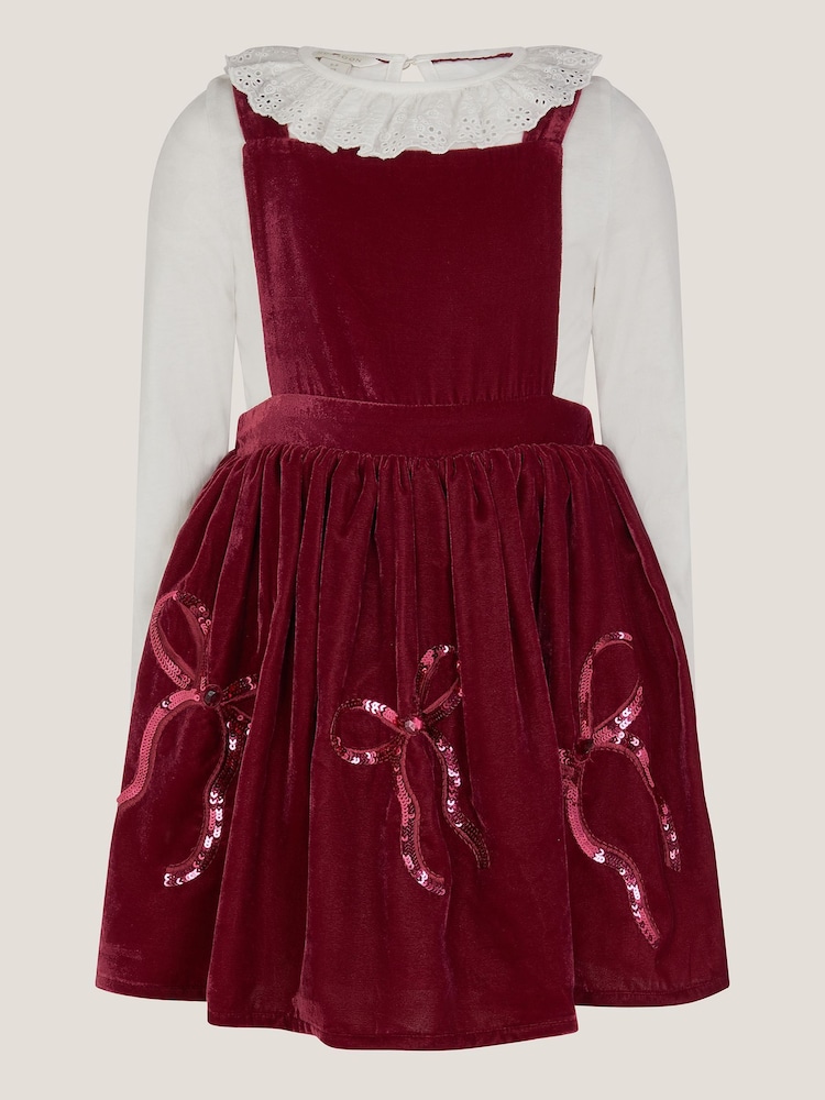 Monsoon Red Broderie Top & Bow Velvet Pinafore Dress Set - Image 2 of 4