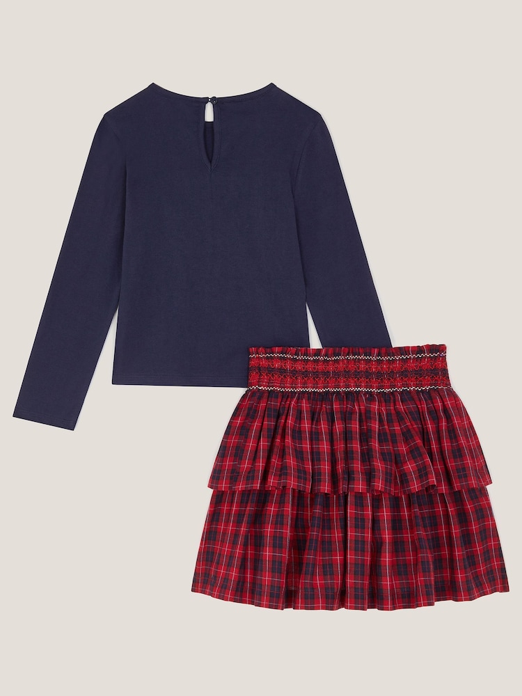 Monsoon Red Bow Embellished Top & Tartan Skirt Set - Image 2 of 3
