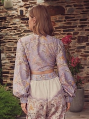 B by Ted Baker Lilac Palm Viscose Linen Blend Tie Front Beach Top - Image 3 of 6