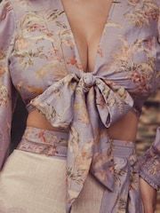 B by Ted Baker Lilac Palm Viscose Linen Blend Tie Front Beach Top - Image 4 of 6