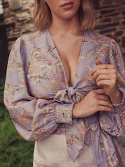 B by Ted Baker Lilac Palm Viscose Linen Blend Tie Front Beach Top - Image 5 of 6